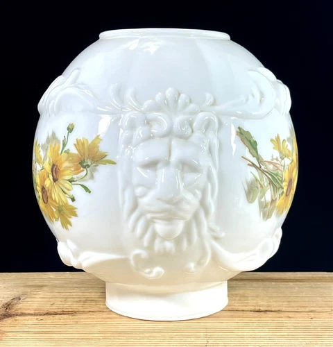 9" Vtg Milk Glass Ball Oil Lamp Shade Globe GWTW Puffy Lion Heads White 4 1/8Fit