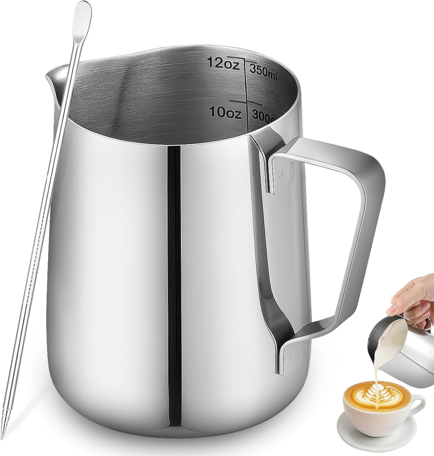 ​ Milk Frother Jug 350Ml with Latte Art Pen, Stainless Steel Milk Jug for Coffee
