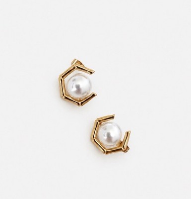 18K Gold Plated Pearl  Stud Earrings Stainless Steel Hypoallergenic