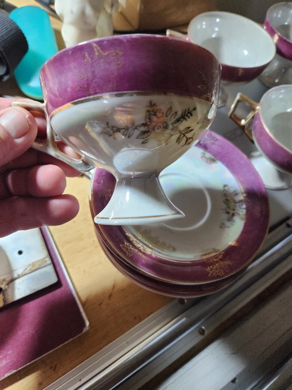 6 Vtg Porcelain Iridescent Teacup & Saucer Mauve, White, Gold Floral & Trim