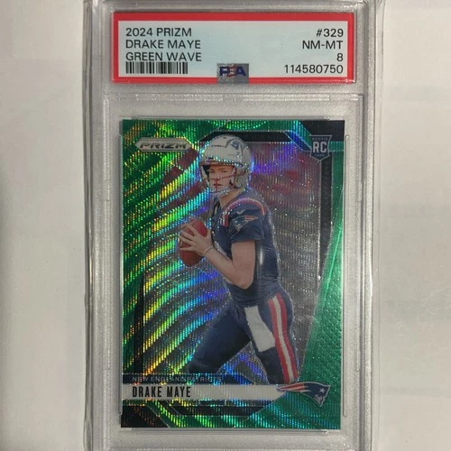 Panini Prizm 2024 Drake Maye #329 Green Wave Prizm Rookie Patriots PSA 8