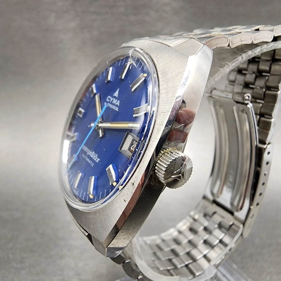 Reloj Automático Cyma Conquistador Hombre 34mm Esfera Azul Acero Fecha Redondo Funciona Foto 3 de 4