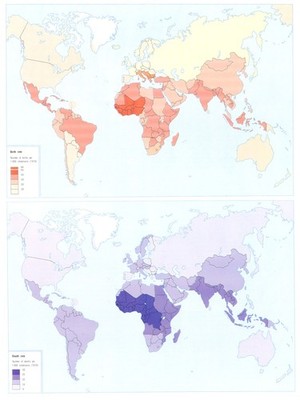 AFRIKA. Afrika und Weltbevölkerung; Geburtenrate; Sterberate 1973 alte Karte