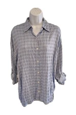 Max Studio Crinkled Style Button Blouse Woman's Small Roll Tab Sleeve Blue Top