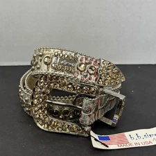 B.B. Simon Belt Women's Large Crystal Silver Leather Western Bling USA L3051