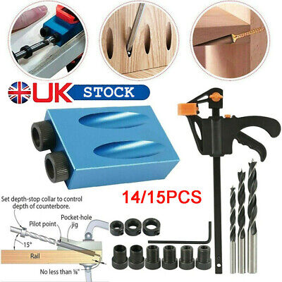 15pcs Pocket Hole Jig Kit Woodworking Guide Oblique Drill Angle Hole Locator UK