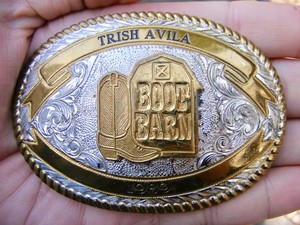 Vtg Boot Barn Belt Buckle 1989 Rodeo Trophy Western Bronze Sign