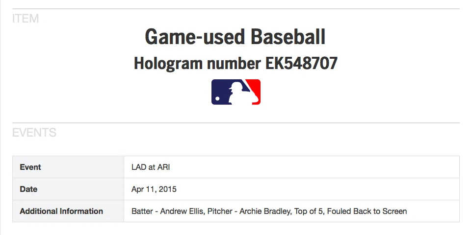 Archie Bradley "MLB Debut 4-11-2015 1st K & 1st WIN" GAME USED baseball MLB Auth - Image 3 of 4