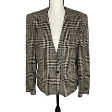 Vtg Max Mara Italy Tan  Black Houndstooth Silk Lining Blazer Jacket Collarless