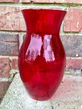 2488 Vintage Vase Ruby Red FTD Floral Glass Bulbous Bottom Flared Top 7.25”
