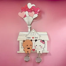 Handmade Bubu Dudu Keychain Holder with Bubu and Dudu Keys, Handmade Wooden Keyc