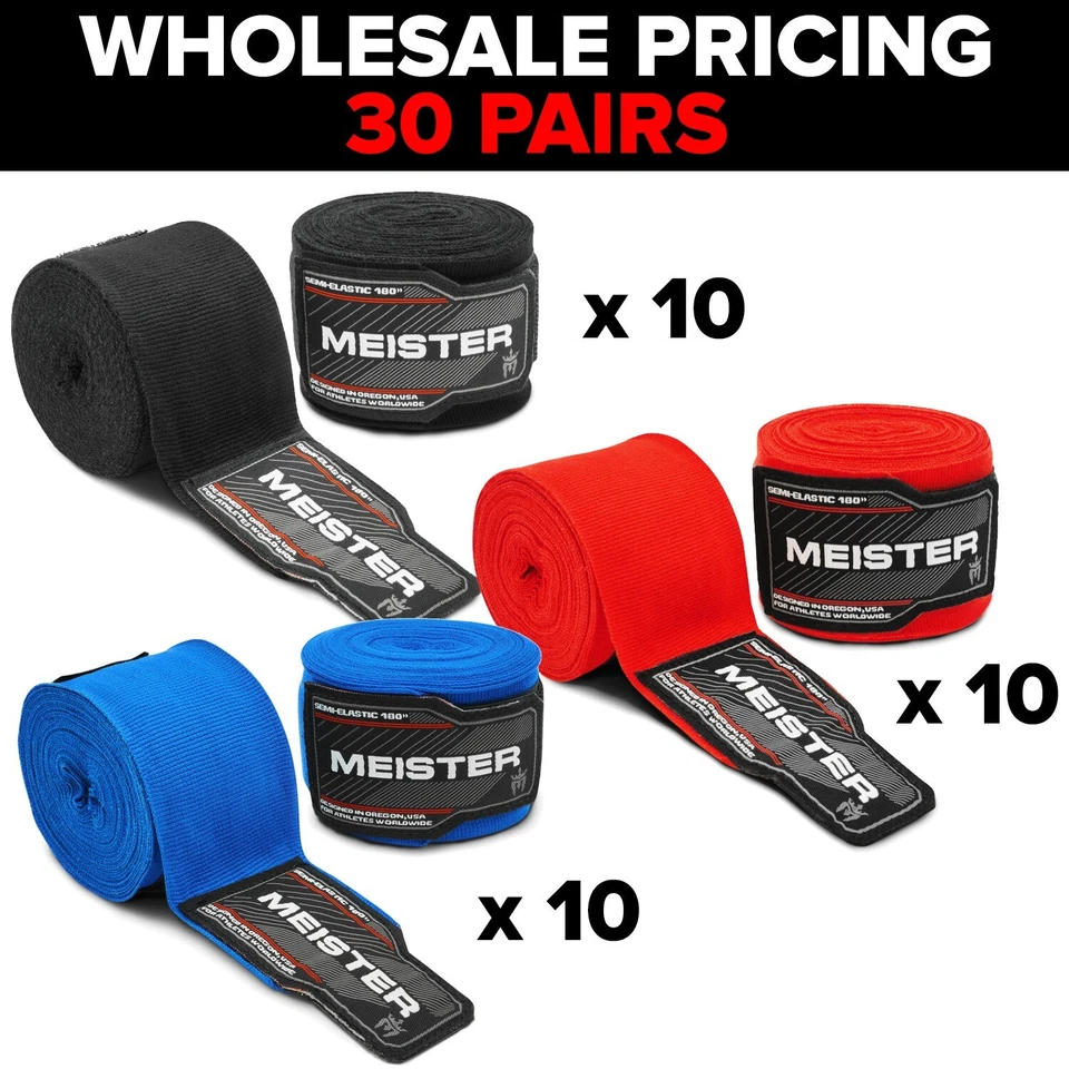30 PAIRS - 180" SEMI-ELASTIC HAND WRAPS - Meister MMA Boxing Bulk Lot WHOLESALE