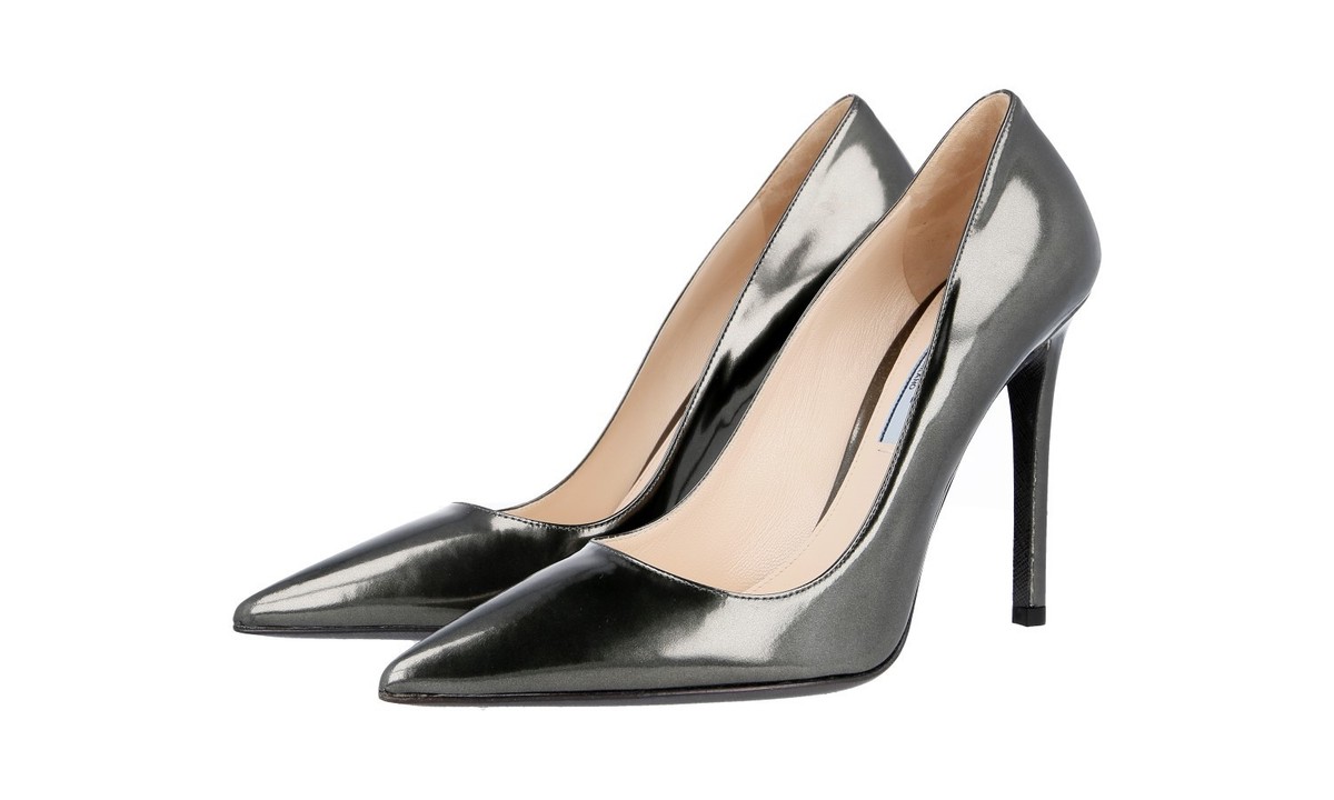 PRADA HIGH HEELS PUMPS 1I939F GUNMETAL METALLIC LEATHER US 7 EU 37 