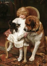 Little girl kitten and St Bernard dog by Arthur John Elsley vintage art