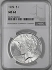1922-P  $1 PEACE SILVER DOLLAR  "PHILADELPHIA MINT"  NGC MS63 #8678136-033