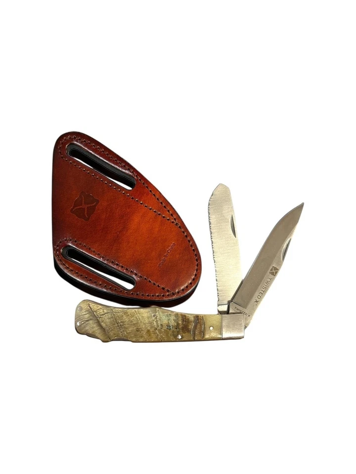 WESTERN FASHION Twisted X 4 1/4" Folding Knife with Leather Sheath