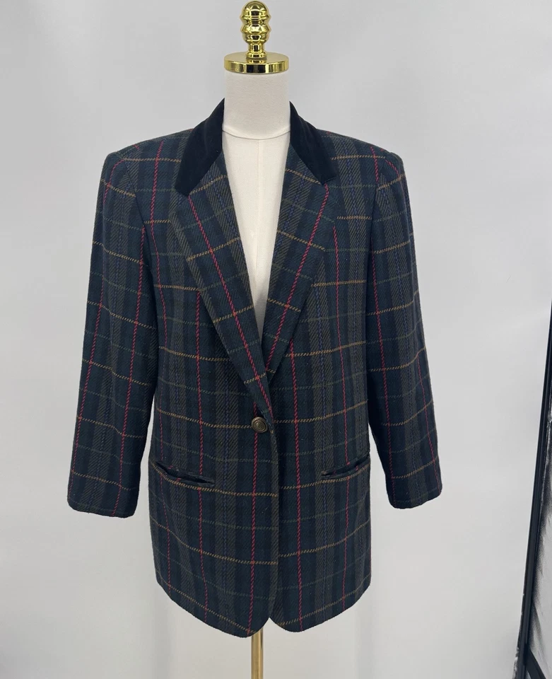 Blazer Abrigo Academia Preppy Vintage a Cuadros Vacaciones Mezcla Lana Talla 10 Foto 2 de 4