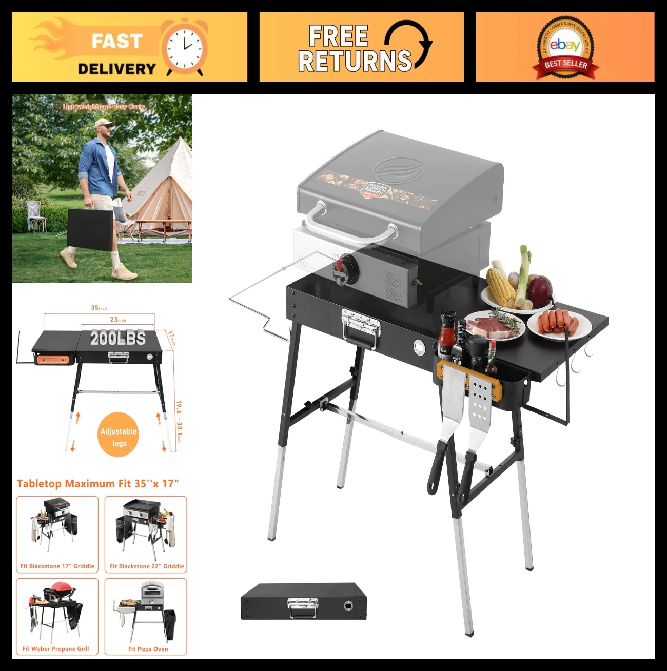 Portable Outdoor Grill Table & Stand for 17" or 22" Griddles, Movable Grill Cart