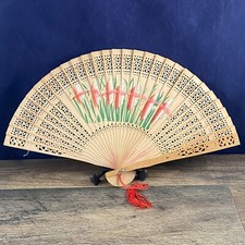 Vintage Hand Held Folding Fan Painted Flowers Leaves Wooden Bamboo Red Tassel