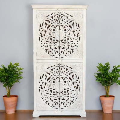 Schrank Latika Indischer Schrank Mangoholz mit floraler Schnitzerei Weiß 200 cm 