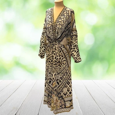 Maxi Vestido de Seda Camilla Con Cuentas Torcido Frontal Mosaico Musa Leopardo Resort Talla L - Imagen 1 de 4