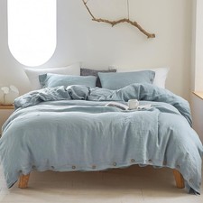 SKY Blue Linen Duvet Cover Twin Full Queen, King, Size Stone Wasted Bedding Set.