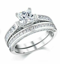 14k White Gold Wedding Ring Set 2.40ct Princess Cut Simulated Diamond Size 7.5