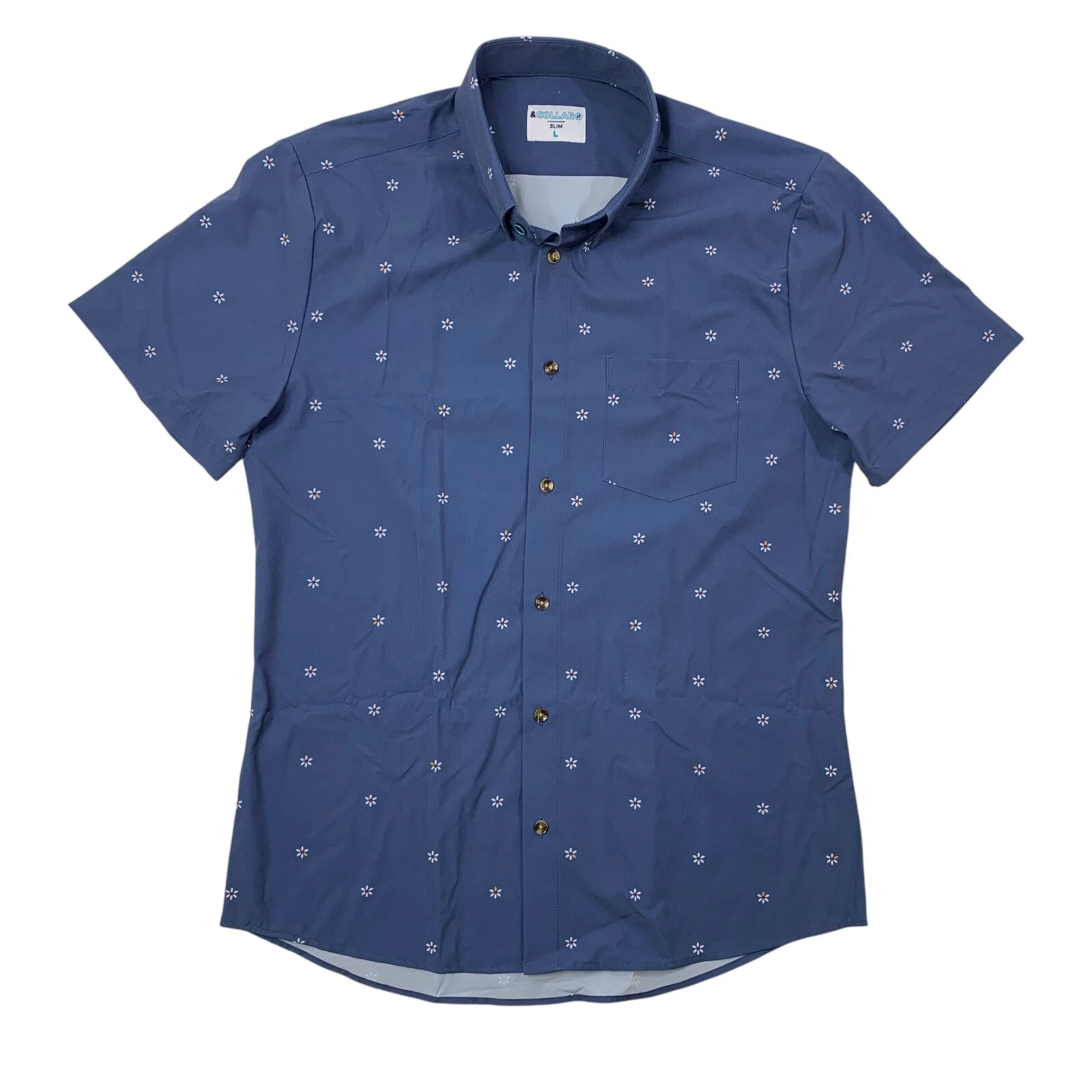 &Collar Shirt Mens L Large SLIM Fit Cloudy Blue Floral Daisy Print Short Sleeve
