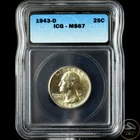 1943-D Washington Quarter 25c~Graded MS67~Scarce~Bright White~90% Silver!!