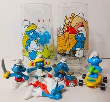 7 vtg Smurfs 5 PVC 2 Glasses SMURFETTE Pirate TELEPHONE Skateboard HEFTY