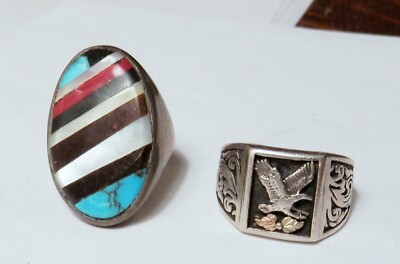 2 Sterling Silver Mens Rings, Eagle 12K Gold Leaf, Native American Inlaid Stones
