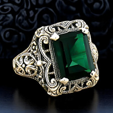 925 STERLING SILVER ART DECO STYLE SIMULATED EMERALD FILIGREE RING      528