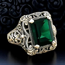 925 STERLING SILVER ART DECO STYLE SIMULATED EMERALD FILIGREE RING          #528