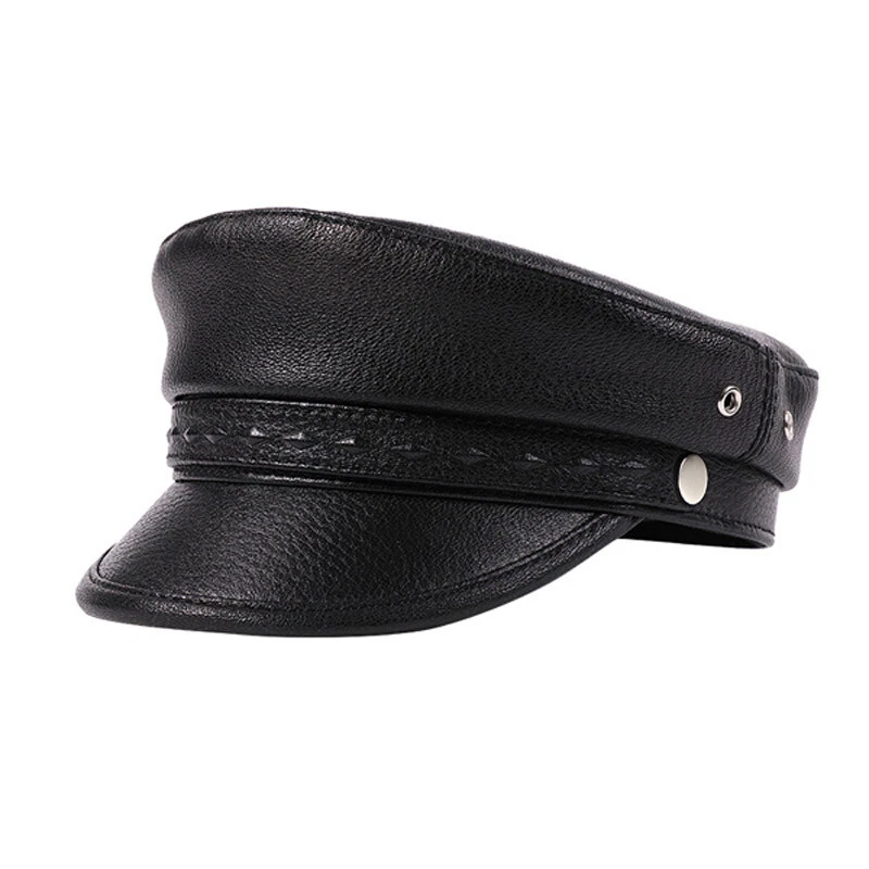 Mens Leather Sheepskin Army Military Cadet Flat Hat Adjustable Baseball Caps