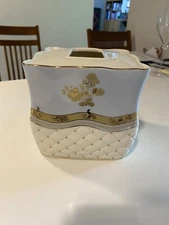 Croscill Napoleon Ceramic Bathroom Tissue Box Cover in Cream & Blue with Gold