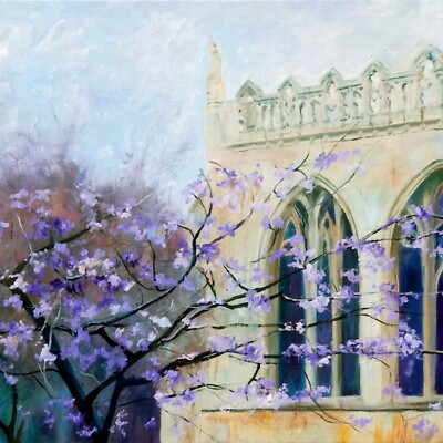 RICHARD FREER ORIGINAL Peterborough Kathedrale lila Blüte Blume ÖLGEMÄLDE