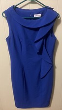 Calvin Klein Womens Sheath Dress Size 6 Blue Asymmetric Ruffle Slit Career