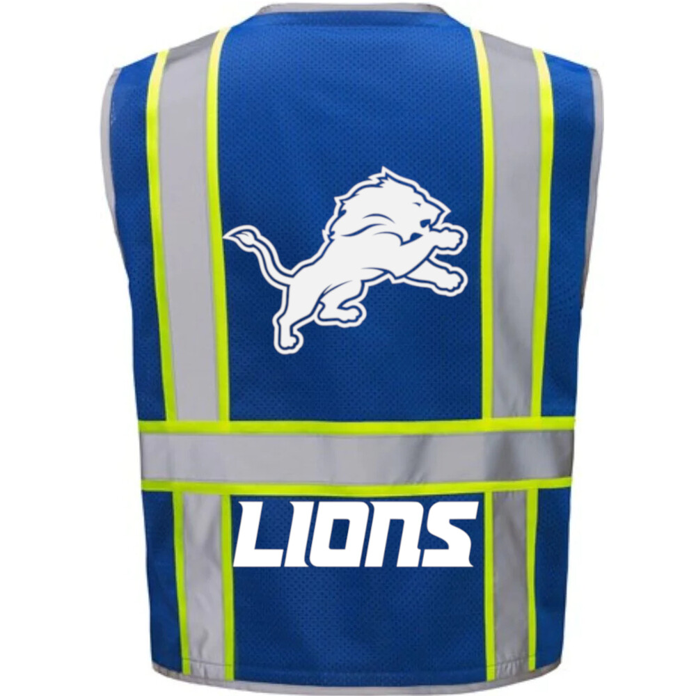 🏈🦺DETROIT LIONS BLUE  SAFETY PPE VEST W/SILVER REFLECTIVE LOGO M/L/XL/2X-4XL