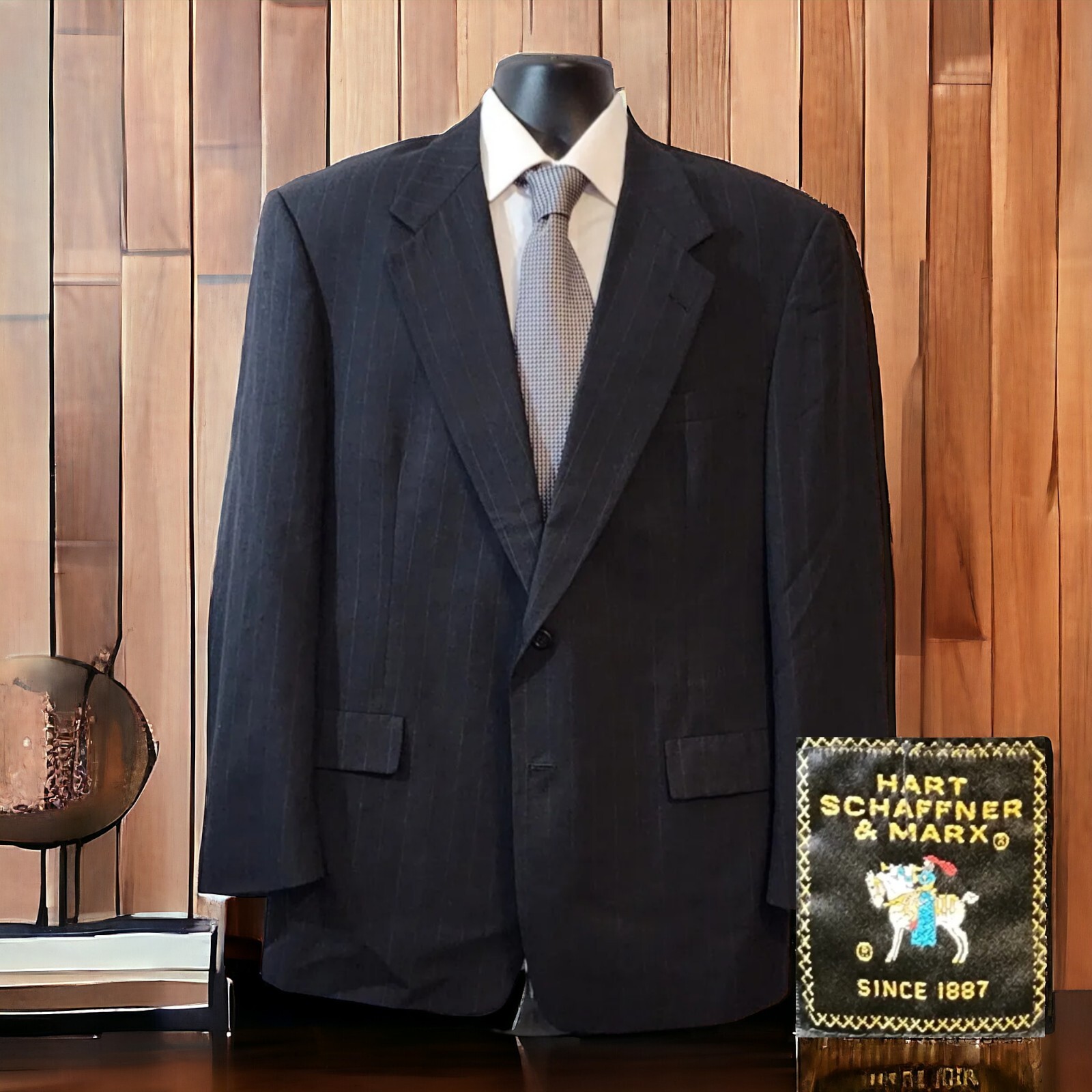 Hart Schaffner Marx Black w/Gray Pinstripe 2 Button 100% Wool Blazer - Men's 44L