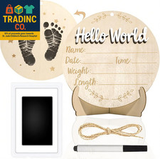 Baby Announcement Sign, 5.9 Inch round Wooden Hello World Newborn Signs, Birth A