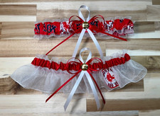 Handmade, MLB Boston Red Sox, Wedding Garter Red Satin and White Organza, Set.