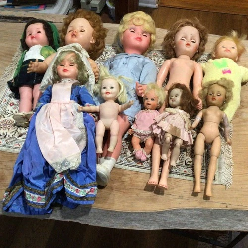 Vintage Lot of 10 Dolls with Outfits & Accessories, Thumbelina, Cheerful Tearful