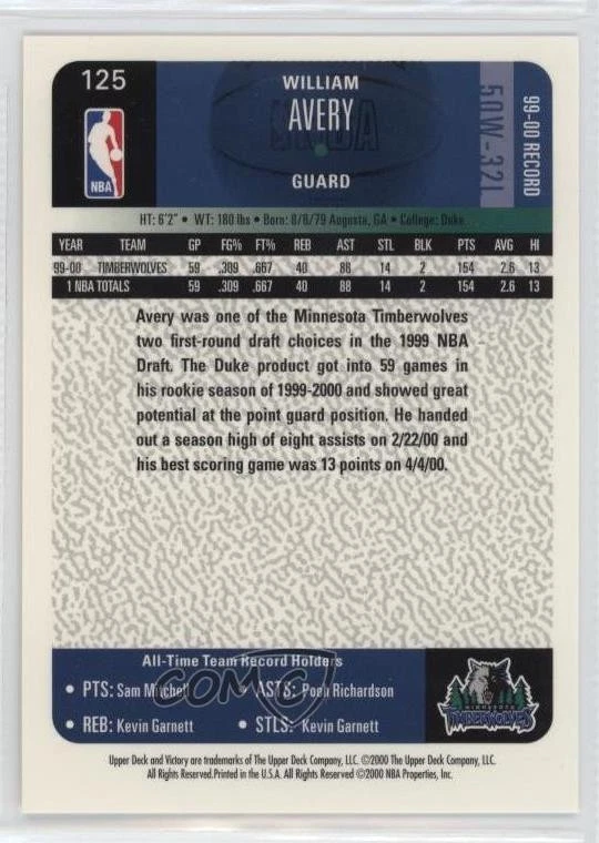 2000-01 Upper Deck Victory William Avery #125 - Image 2 of 2