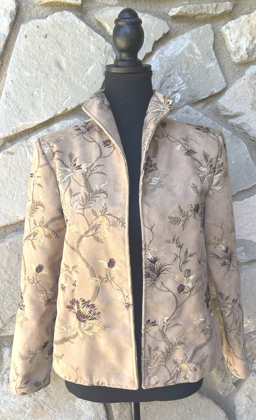 Giacca vintage PONY DIPINTA XS beige ecopelle scamosciata ricamo floreale aperta davanti CE