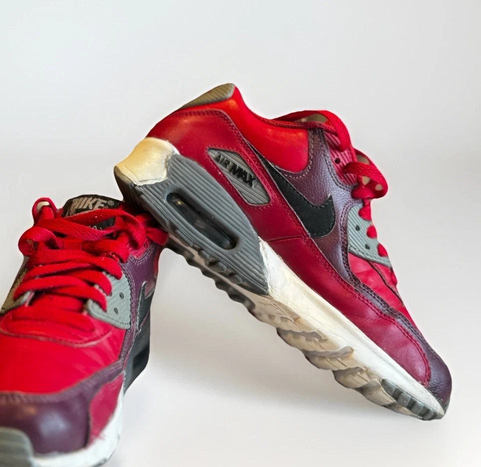 Nike Air Max 90 Niños Rojo/Borgoña Cuero Tenis - Talla 4 Y Foto 3 de 4