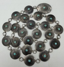 Vintage Navajo Handmade Sterling Silver Turquoise 36 Long Concho Belt 94.4g