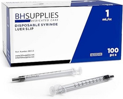 1Ml Luer Slip Tip Syringes (No Needle) - Sterile, Individually Wrapped - 100 Syr