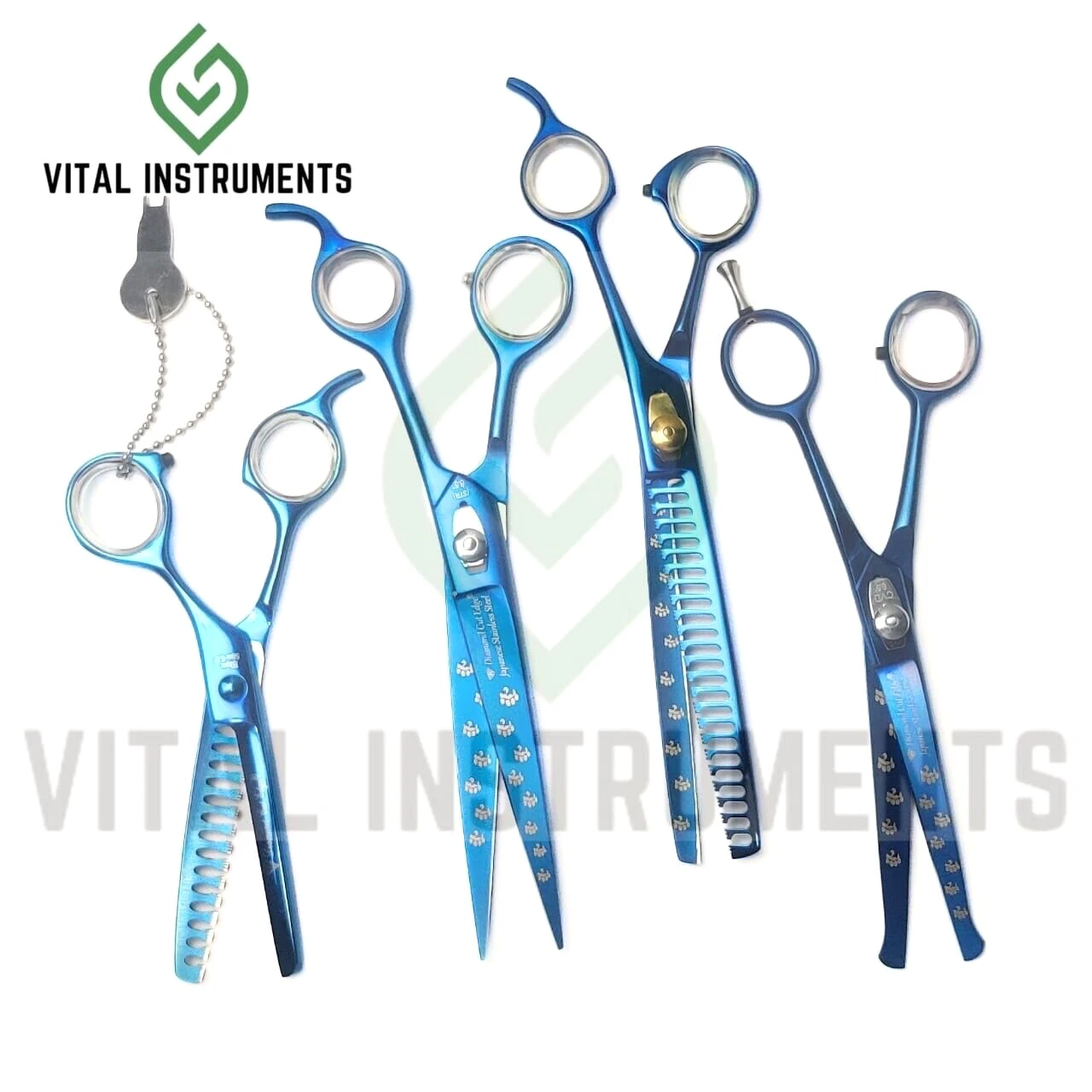 Professional Dog Pet Grooming Set of 4 Pc - 2 Chunkers & 2 Shears Polished Blue