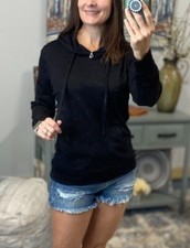 Crew Neck Waffle Thermal Pocket Urban Drawstring Long Sleeve Hoodie Black