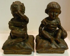RARE Antique KBW Kathodian Bronze Works Rain & Sunshine Bronze Clad Bookends  